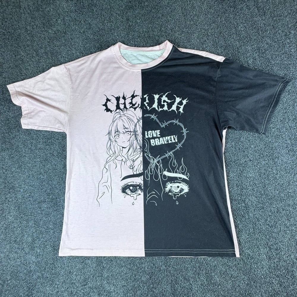 Cherish Love Bravely T-Shirt Womens M Pink Black Split Tone Anime Graphic READ